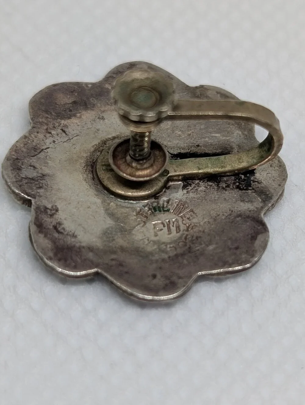 Vintage Alpaca Taxco Iridescent Abalone Sterling Silver Flower Clip-On Earrings
